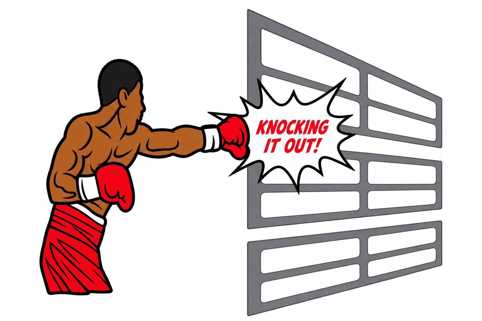 Tyrone’s boxer mascot in red gloves, knocking it out against a garage door